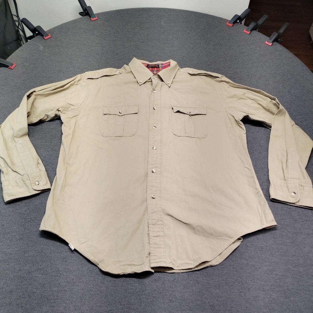 Eddie Bauer Men's XL Long Sleeve Button Down Shirt Khaki Tan Plaid Lined Trim XL